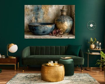 Delft Blue Ceramics Still Life with Gold - Warm and Timeless von Joriali Fine Art