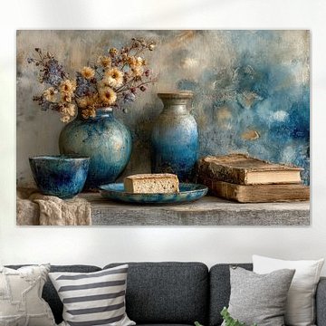 Blaues Keramik-Stillleben mit getrockneten Blumen – warm und zeitlos von Joriali Fine Art