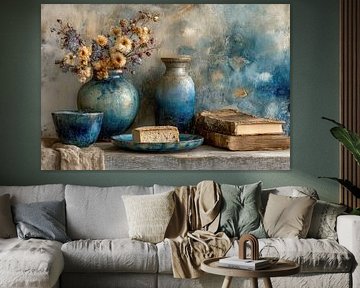 Blue Ceramic Still Life with Dried Flowers - Warm and Timeless by Joriali Fine Art