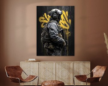 Mann in Militäruniform mit Gewehr