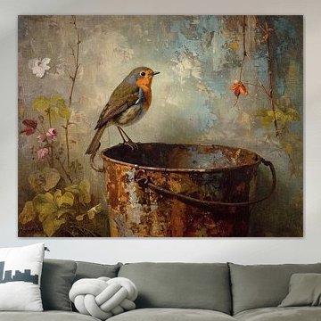 Rouge-gorge sur un seau rouillé