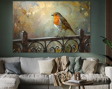 Roodborstje op stalen hek