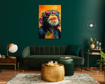 Popart chimpansee met zonnebril in felle kleuren van Lauren Wilde