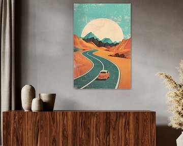 Oldtimer-Auto in Berglandschaft bei Sonnenuntergang