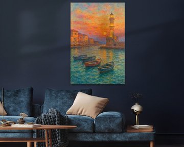 Chania Venetian Lighthouse Sunset – Crete Harbor Impressionist Seascape by Travel Shop