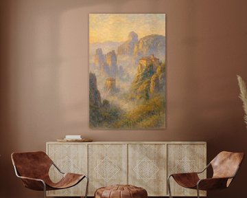 Meteora Monasteries Floating Rocks – Mystical Greece Impressionist Art by Travel Shop