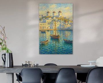 Mykonos Windmills & Harbor – Cycladic Island Impressionist Art by Travel Shop