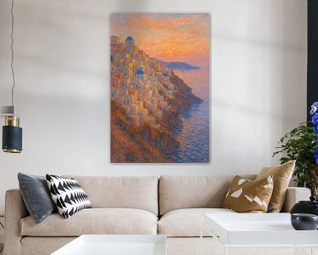 Santorini Oia Blue Domes Sunset – Greek Island Impressionist Seascape by Travel Shop