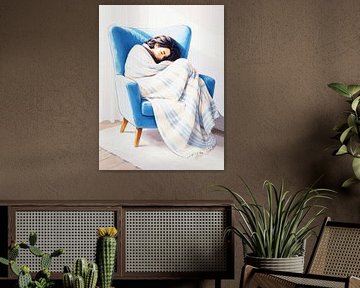 Slapende vrouw in fauteuil Gezellige deken Aquarelportret van Ramy Salah Hefny