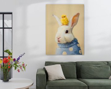 Adorable lapin avec poussin aux couleurs douces du printemps