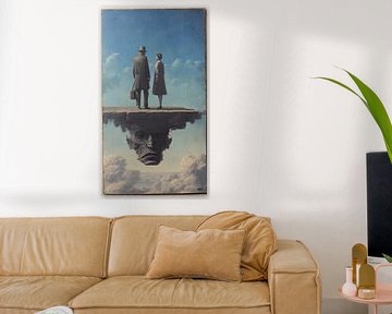 Art numérique vintage surréaliste : jeune couple sur un cercueil