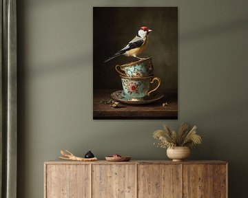 Vogel auf Vintage-Tassen in warmer Atmosphäre