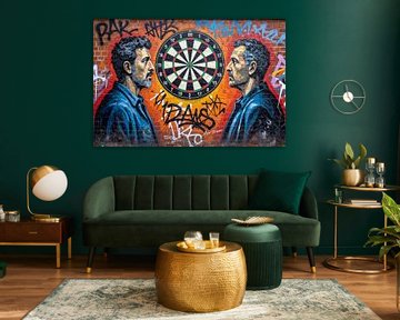 2 joueurs de fléchettes en duel avant le tournoi de fléchettes - Mur de briques style graffiti sur Segaspics