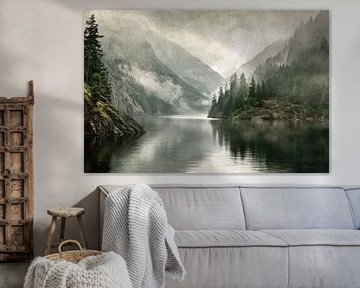 Ruhiger Bergsee im Nebel – Zeitlos abstrakt