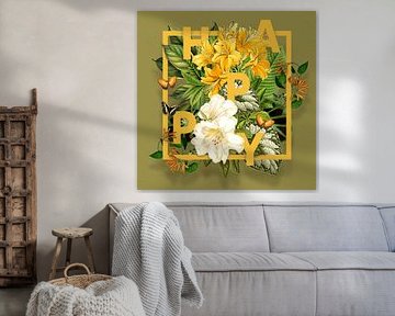 'Happy' in Botanical Yellow with dark background