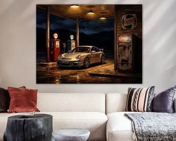 Nostalgische avond bij retro tankstation met Porsche 911