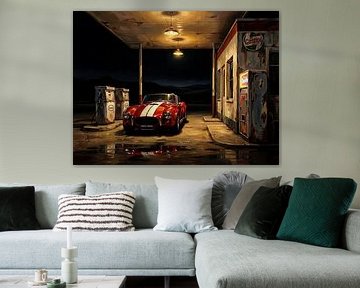 Rode AC Cobra bij nacht Scène bij tankstation