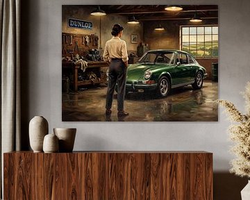 Klassieke groene Porsche 911 in Vintage Garage