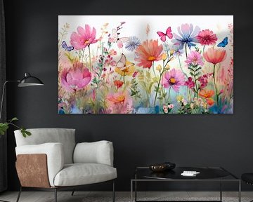 Fröhliches Feld mit Sommerblumen und bunten Schmetterlingen