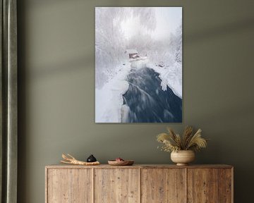 Vieux moulin avec rivière en hiver | photographie de voyage imprimée | Parc national d'Oulanka en Laponie