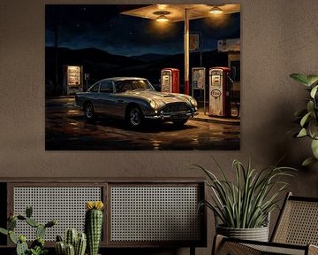 Oldtimer Aston Martin DB5 an einer Tankstelle