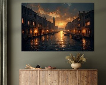 Kinoähnlicher Kanal in Venedig bei Sonnenuntergang – Dramatisches impressionistisches Digitalgemälde mit Booten und Lichtern der Stadt von Kimita Jennaira