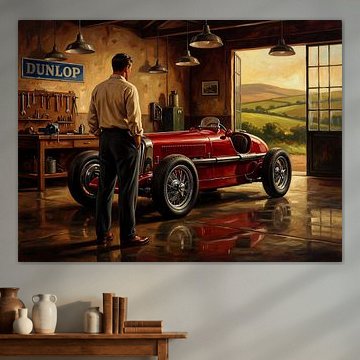 Vintage Red Race Car in Garage Scene