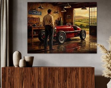 Vintage-Rennwagen in roter Farbe in einer Garagenszene