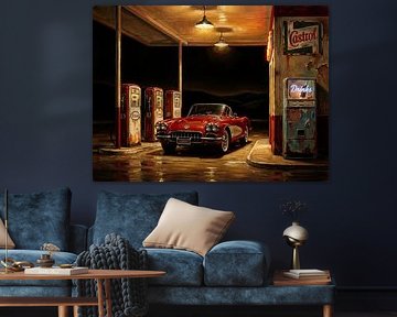 Chevrolet Corvette C1 an einer Vintage-Tankstelle