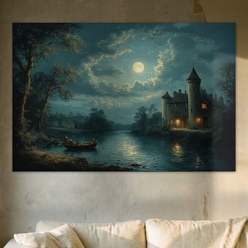 Romantisch kasteellandschap bij maanlicht – Klassiek Europees olieverfschilderij bij nacht