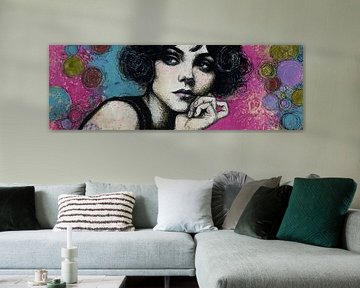 Frauenporträt in leuchtenden Farben | Frau vor buntem Hintergrund von Abstraktes Gemälde