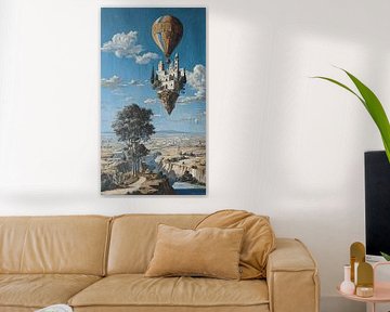 Impression artistique surréaliste représentant une ville flottante au-dessus des nuages