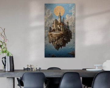 Surreale schwebende Stadt über den Wolken Vintage-Ölgemälde von Aden Pink Studio