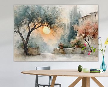 Aquarel Schilderij - Zonnige Binnenplaats bij Zonsondergang van Peter Pen tekeningen en schilderijen