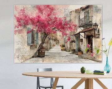 Mediterrane Gasse mit blühendem rosa Baum und rustikalen Fassaden von Peter Pen Zeichnungen und Gemälde