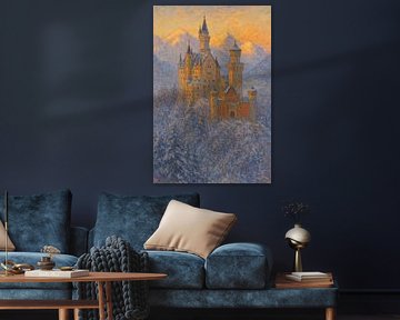 Schloss Neuschwanstein im Winter bei Sonnenuntergang – Märchenhafte Festung Impressionistische Kunst von Travel Shop