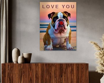 Cute bulldog with a heartfelt message – Red rose "Liebe Dich"