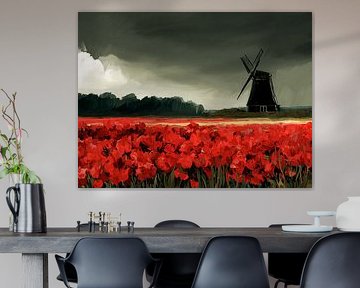Tempête au-dessus du champ de tulipes | Paysage hollandais avec moulin