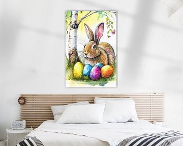 Easter bunny with colourful Easter eggs in the grass with birch trees by Jörg B. Schubert