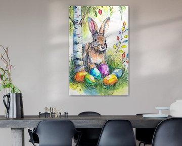 Paashaas met kleurrijke paaseieren in het gras met berkenbomen van Jörg B. Schubert