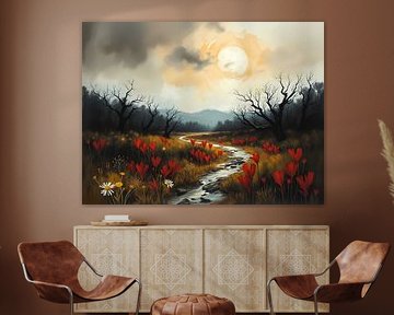 Paysage avec des fleurs rouges