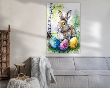 Paashaas met kleurrijke paaseieren in het gras met berkenbomen