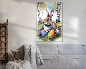 Osterhase mit buntenOstereiern im Gras mit Birkenbäumen von Jörg B. Schubert