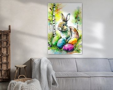 Paashaas met kleurrijke paaseieren in het gras met berkenbomen