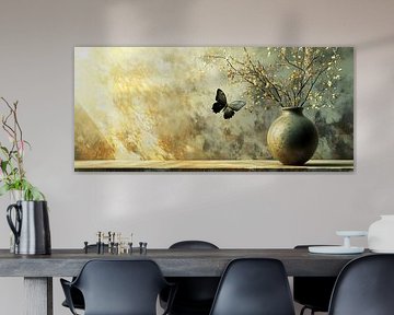 vaas bloemen | Sunlit Vase with Butterfly van Blikvanger Schilderijen