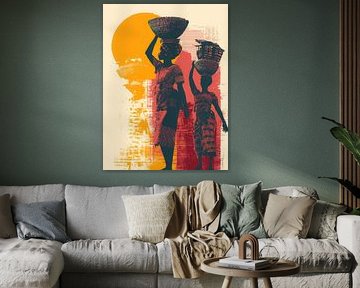 Afrikanische Frauen mit Körben bei Sonnenuntergang