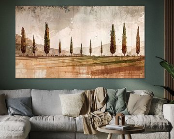 Sfeervol mediterraan landschap met cipressen in aquarel stijl van Studio Pieternel