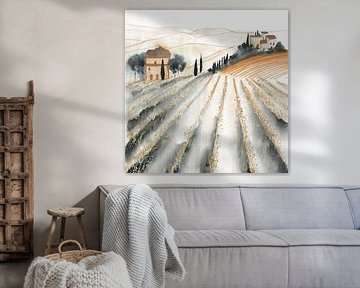Toscaans heuvellandschap met wijngaarden en cipressen in rustige kleuren van Studio Pieternel