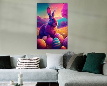 Osterhase mit bunten Ostereiern im Gras mit Birkenbäumen von Jörg B. Schubert