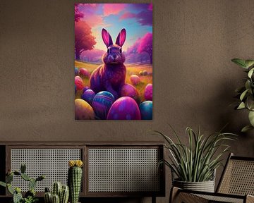 Osterhase mit bunten Ostereiern im Gras mit Birkenbäumen von Jörg B. Schubert